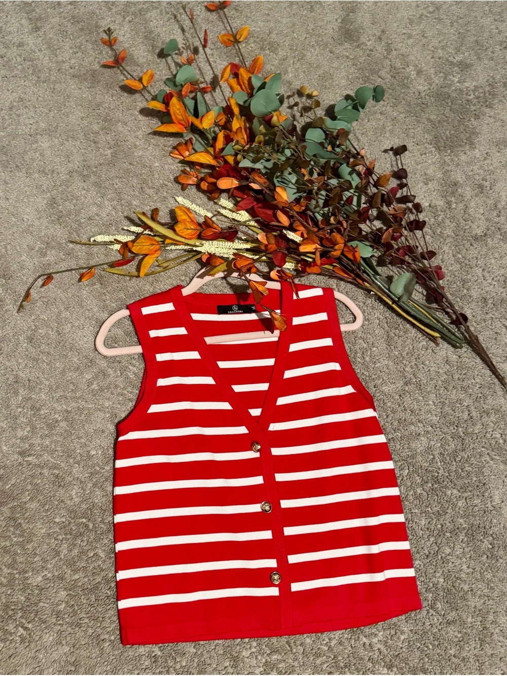 Sleeveless Red & White Striped Knit Vest - Classic Button Front